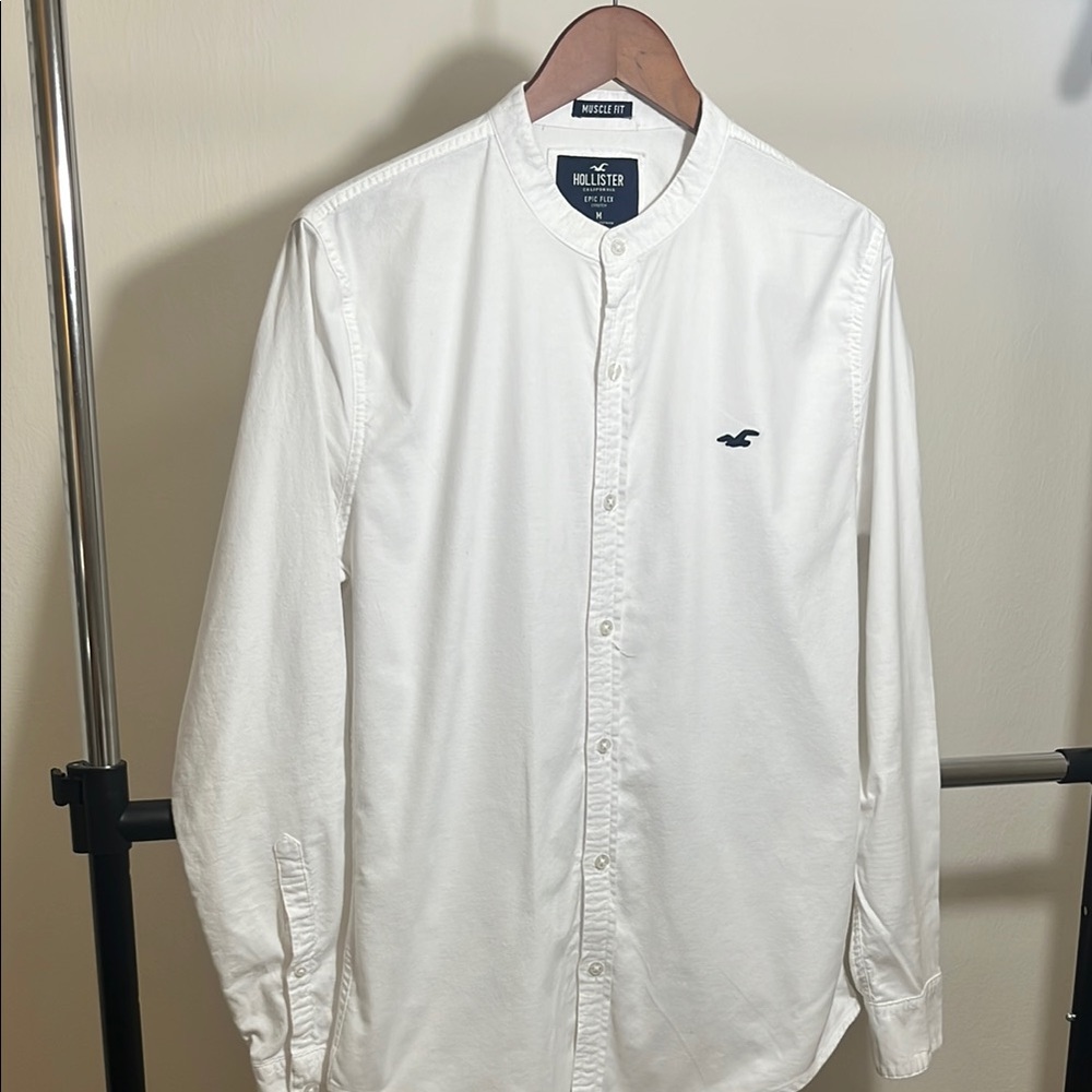 Hollister White Casual Button Down Shirt with Mandarin Collar